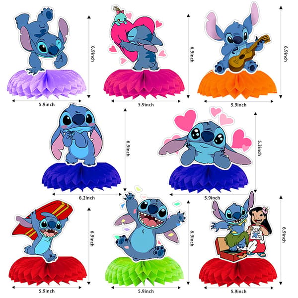 8-delt sett med Stitch-tema festpynt, 3D honningkake