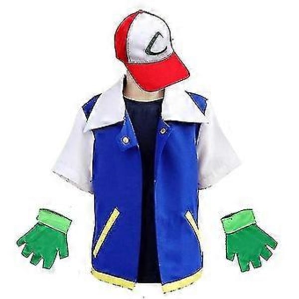 Män Anime Blå Jacka Kostym Pojkar Flickor Ash Ketchum Cosplay För Halloween Fest Kvinnor Tränare Keps Och Handskar Set-r (Barn 130)