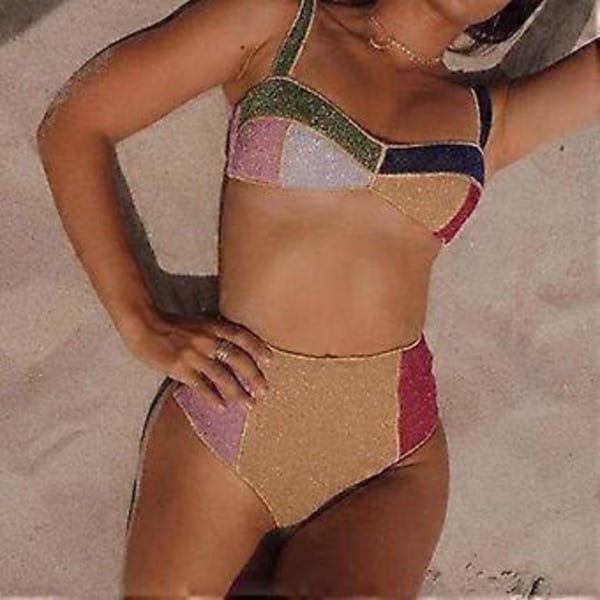 Højtaljet Bikini Dame Badedragt Kontrastfarve Patchwork Badetøj Kvinde Flash Badedragt Strandtøj Svømmedragt S(S )
