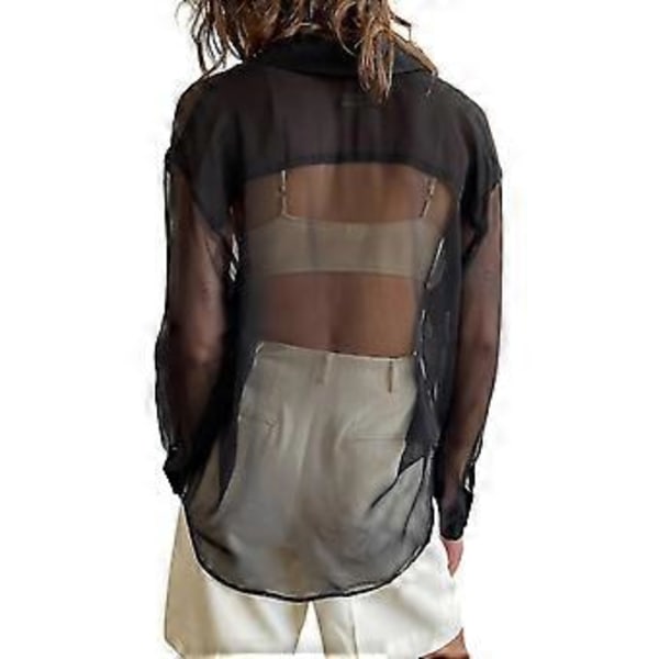 Dam Blus, Genomskinlig Lös Skjorta, Casual Lapel Krage Långärmad Knapp-Ner Blus (L Svart)