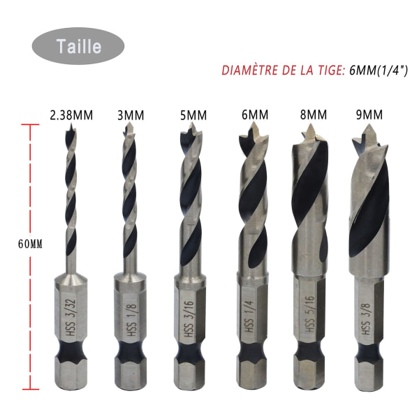 6 stk. sekskant skaft trespiralbor, 1/4\" skaftsett HSS spiralbor for tre, metall, plast og Bosch