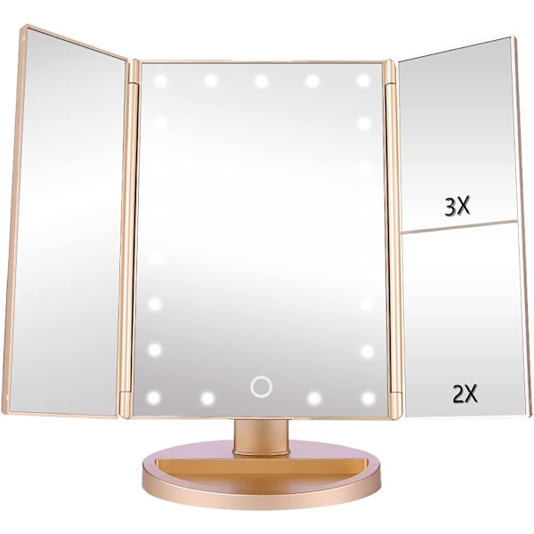 Lighted Vanity Mirror Touch Trifold Lighting 2x3x Magnification w