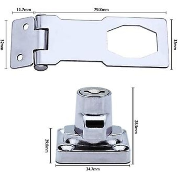 (2-pakning) Metall Låsehasp 80mm Dørbolt Låsebeslag med Hengelås og Nøkkel - Krom Hardware for Låsing av Skuffer Dører Skap Bokser Møbler