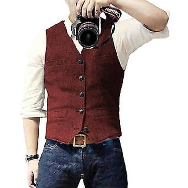 Herre Casual Business Vester, Lett Vest Slim Fit Dress Vest (2XL Rød)