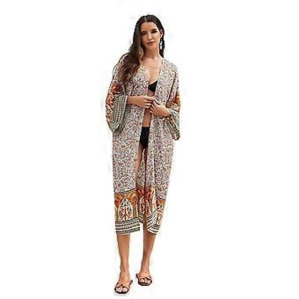 Kimono-koftor för damer, öppen framsida, bohemisk blommig lös sommartopp med bälte, långärmad strandklänning, baddräktsöverdrag Orange (Orange)