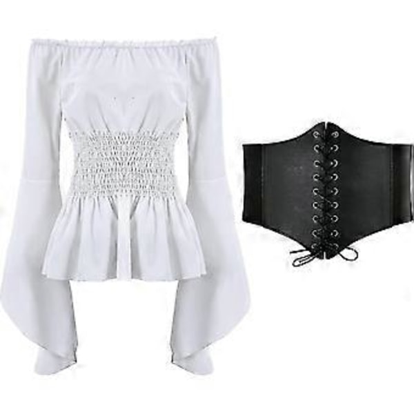Ny Dam Renaissance Blus Toppar Korsett Midjebälte Medeltida Viktoriansk Off Shoulder Långärmad Skjorta Pirat Cosplay Kostymer Snabb 2023 (Small Vit)