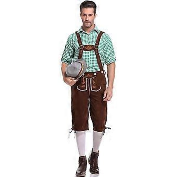 Tysk Traditionell Oktoberfest Klädsel för Män Rutig Skjorta Broderade Hängslen Kostym (XXL Grön Skjorta och Bruna Overaller)