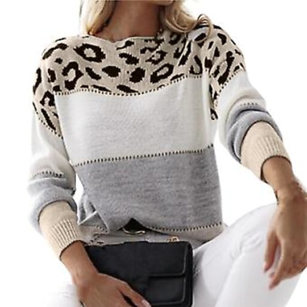 Långärmad Löstsittande Stickad Tröja Höst Vinter Leopardmönstrad Patchwork Färgad Pullover Tröja Damkläder (2XL Grå)