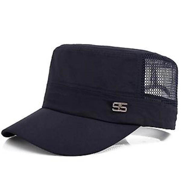 Mænds Plain Snapback Mesh Trucker Vintage Flat Top Baseball Caps Cadet Peaked Hat (Marineblå)