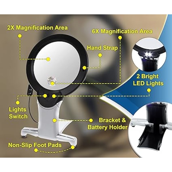 Forstørrelsesglas med lys 2X 6X forstørrelse combo store hænder