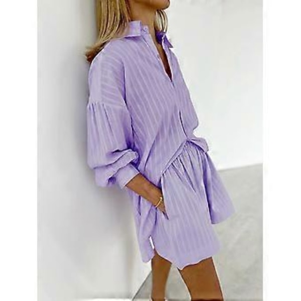 Höst- och vinterkläder för damer, randiga bubbelärmar, shorts, känsla för avslappnade outfit-set (L Lila)