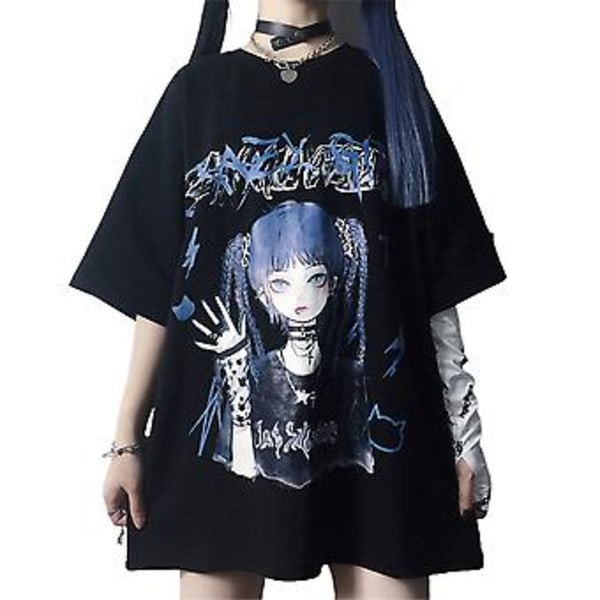 2023 Dam Goth T-shirt Y2k Harajuku Mode Gotisk Anime Estetisk Tryckt Casual Lös Topp Streetwear (M)