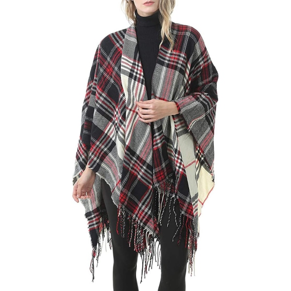 Kvinders Varme Sjal Wrap Åben Front Poncho Cape Farve Blok Sjal