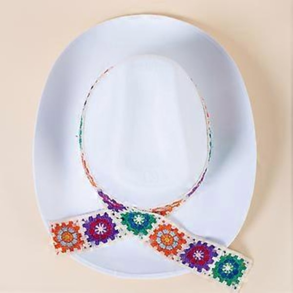 Sommar Andningsbar Cowboyhatt Western Stil Stor Brätte Hatt Casual Soltät Hatt med Virkad Blomstermönster & Hakband Vit( Vit)