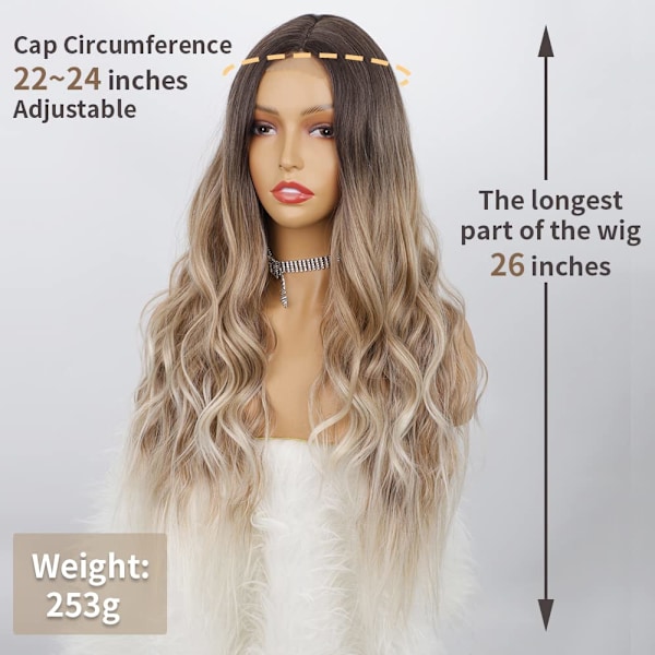 Långt Vågigt Ombre Brun till Blond Peruk för Kvinnor Mittbena Syntet*