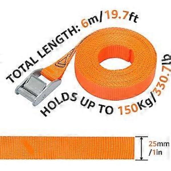Kiinnitysvöiden sarja, 4 kpl, pituus 6 m, leveys 25 mm, kiinnityskyky 150 kg, DIN EN 12195-2 -standardin mukainen - Oranssi