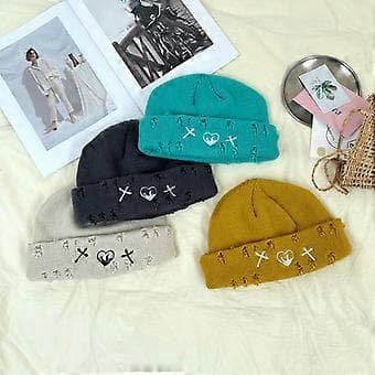 Koreansk Version Trasig Hål Hatt Mode Stickad Yllehatt Vinter Street Hip Hop Hål Mössor Unisex Basic Keps Enkelhet Grå(Grå)