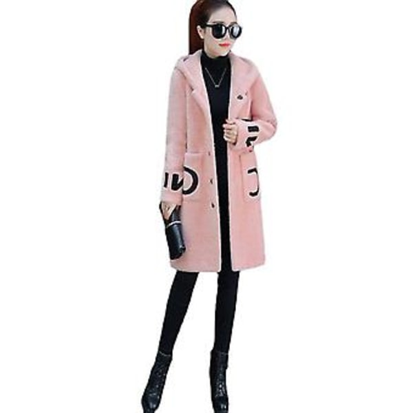 Huvudbonad Långärmad Fickor Bokstavstryck Enknäppt Plyschkappa Vinter Kvinnor Tjocknad Imitation Lammull Överrock (4XL Rosa)
