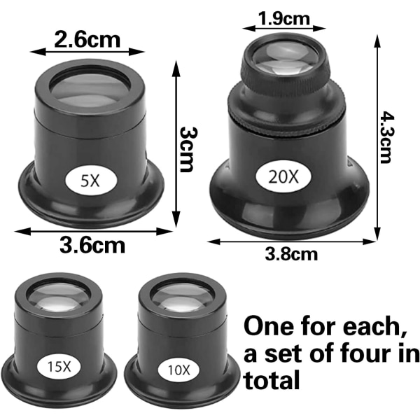 4 stk. urreparation forstørrelsesglas, juvelerlupper, urmagere lupper forskellige styrker, reparation forstørrelsesglas