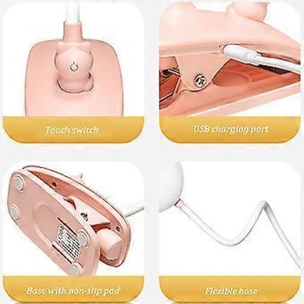 LED Klemmelampe til børneseng, fleksibel 360-graders clip-on lampe med 3 belysningstilstande og 5 dæmpbare niveauer, USB genopladelig trådløs LED bordlampe, pink