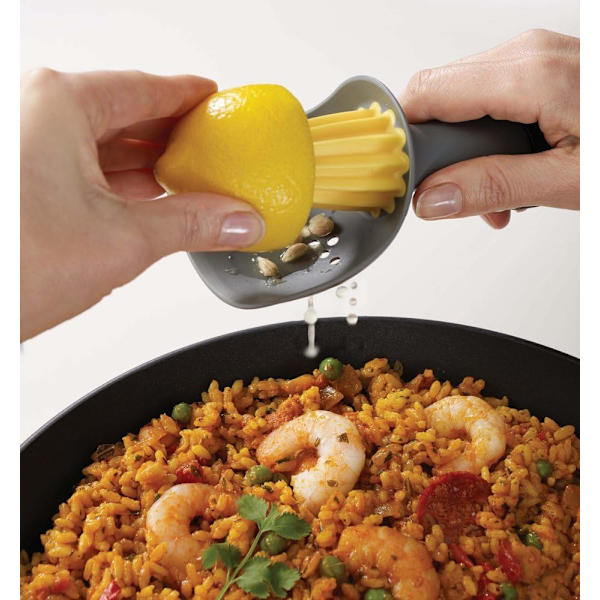 Citronpresser med sprøjtbeskyttelse og kernefangst - grå/gul