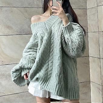 Efterår og vinter V-hals sweater blød twist pullover løse lanterneærmer stor strikket sweater top (grøn)