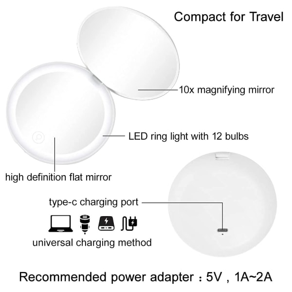 2-pack Kompakt Spegel med LED-Ljus, 1x/10x Förstorande Laddningsbar