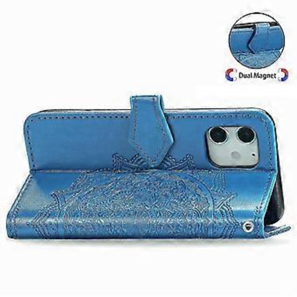 Iphone 11 Etui Læder Wallet Cover Præget Mandala Magnetisk Flip Beskyttelse Stødsikker - Blå
