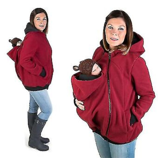 Multifunktionel Kænguru-Hættetrøje Babybærerjakke Gravidjakke Til Kvinder (2XL Rød)