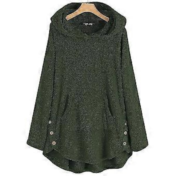 Hættetrøje med lange ærmer, dobbeltsidet fløjl, mellemlang, asymmetrisk sweatshirt med lomme og knapdekoration (M)