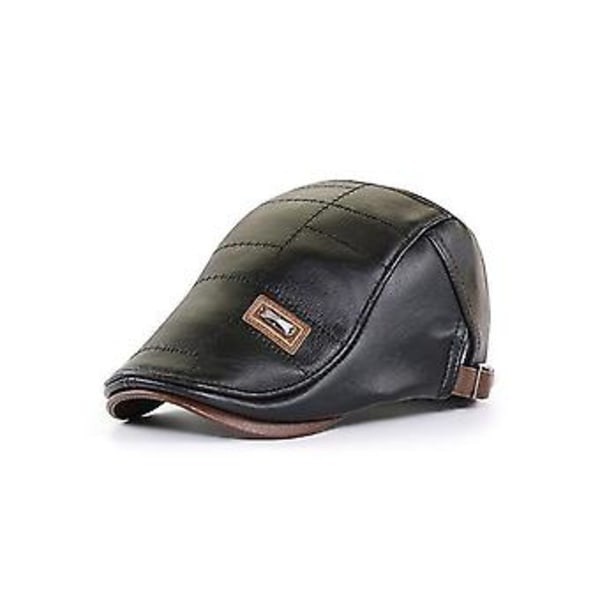 Herre skinncaps fiskecaps justerbar PU ivy cap avisguttehatt (Svart)