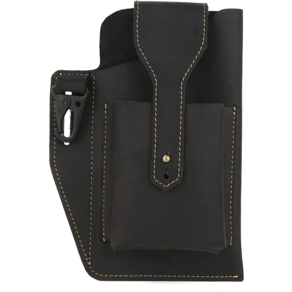 (sort) Mobiltelefon Fanny Pack med nøglering, Retro ægte læder Fanny Pack til mænd, Multifunktion