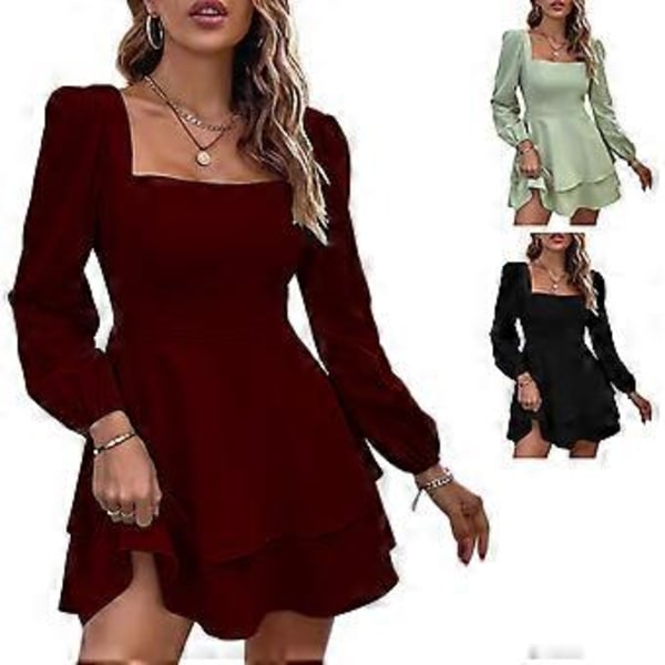 Dame Firkantet Hals Tie Back Puf Lange Ærmer Flæse Lagdelt Kort Kjole Sexet Afslappet Elastisk Talje A-Linje Mini Kjole Sort XL(XL Sort)