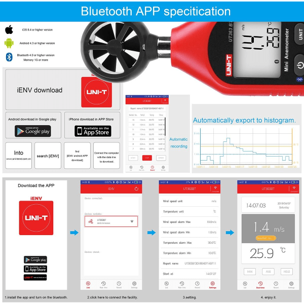 Bluetooth Anemometer, Bærbar Mini Digital Anemometer med Termometer