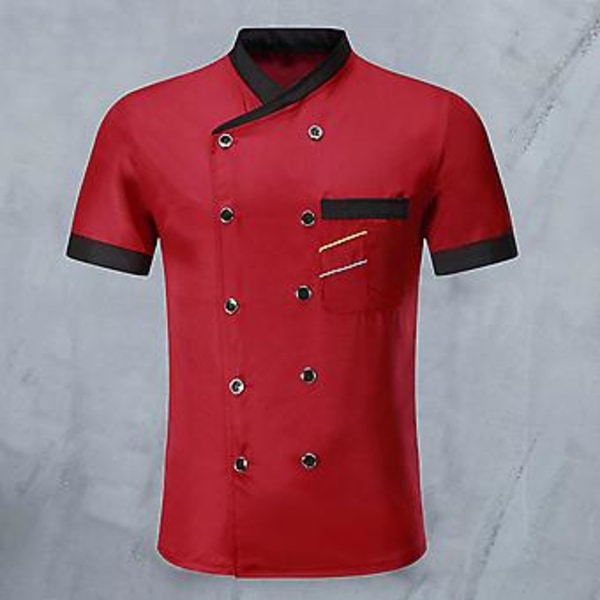Kocktröja Dubbelknäppt med Ficklapp Ståuppkrage Knappar Kortärmad Matlagning Restaurang Unisex Plus Size Kockuniform Restaurangkläder (L Röd)