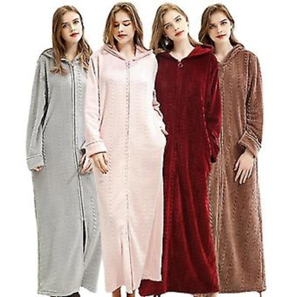 Dame Kappekåpe Badekåpe Varm Myk Kvinners Fleece Glidelås Opp Lange Kapper (XL rosa)