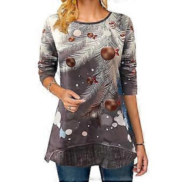 Dame Juleprint Langærmet T-shirt Crew Neck Bluse Jule Pullover Tee Toppe -NMAOV(5XL Grå)