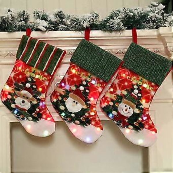 Julstrumpor med LED-lampor, julmotiv, stor strumpa, hängande dekoration, present till julgran, öppen spis, vägg