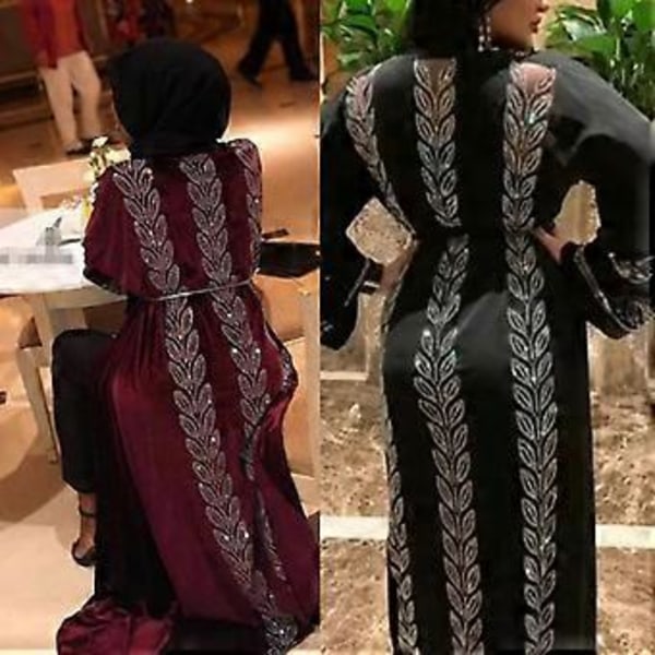 Kvindes Løstsiddende Talje Muslimsk Kjole Islamisk Abaya Cocktail Party Robe Kaftan (Sort)