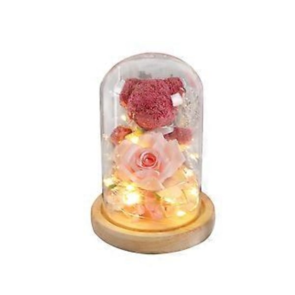 Valentinsdag Dekoration Odödliga Blommor Röd Ros Valentinsdagspresent Glas Varm LED-Ljus Kreativitet Björnen (rosa)