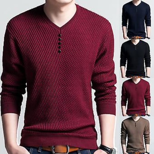Fianao Chic Mænds Ensfarvet V-hals Langærmet Trøje Slim Fit Strikket Trøje Bluse (L Rød)