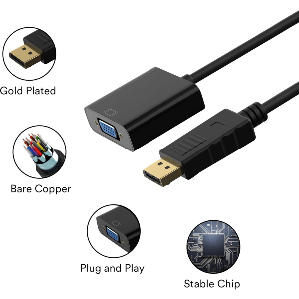 1080P(Musta) DP VGA-sovitin, kullattu DisplayPort VGA-kaapeli