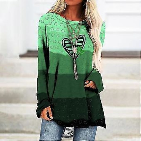 St. Patricks Dag Dame Langærmet T-shirt Heldige Kløver Nisse Printet Bluse Løse Toppe Skjorter -NMAOV(2XL D)