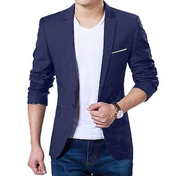 Fianao Herre Slank Formel Business Suit Jakke En Knap Lapel Langærmet Lommer Top (XXXXL Blå)