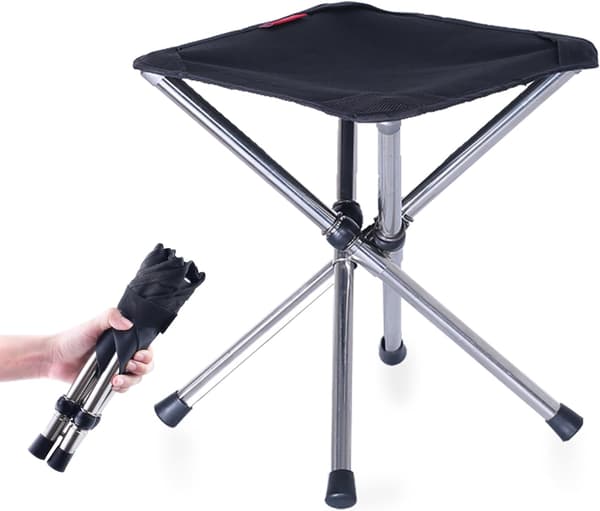 (Sort - S) Sammenklappelig Tripod Stol til Camping, Sammenklappelig 3-Benet C