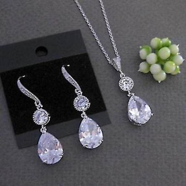 Luksuriøs Mode 925 Standard Sterling Sølv Hvid Krystal Kvinders Øreringe Halskæde Sæt Pynt Bryllup Brud Prinsesse Kærlighed Smykker ( )