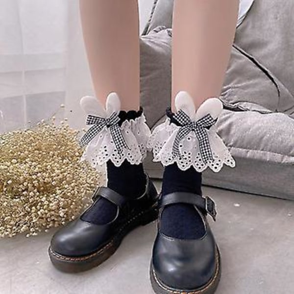 Japanske Lolita Broderi Blonder Korte Crew Sokker Kawaii Kanin Bunny Ører Tartan Sløjfe Rufflet Harajuku Anklet Strømper (Sort)