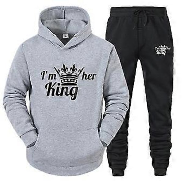 King Queen -collegepaita-setti miehille ja naisille, vapaa-ajan urheiluhupparisetti, kaksiosainen asu -NMAOV (XL KING harmaa ja musta)