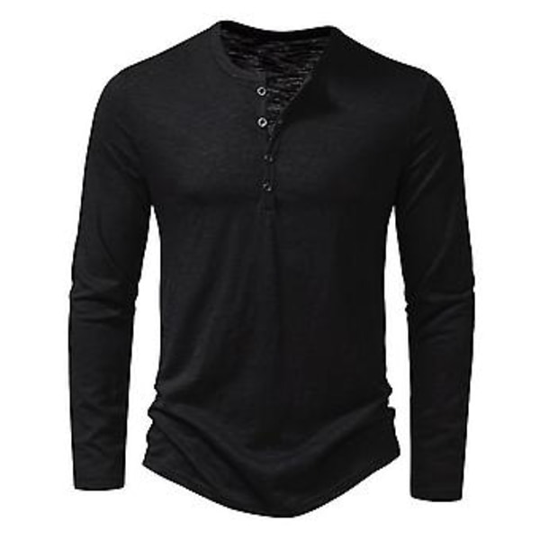 Mænd Efterår Forår T-shirt Rund Hals Knap Ensfarvet Tynd Langærmet Trøje Blød Casual Daglig Bottoming Top Sports Tøj (L Sort)