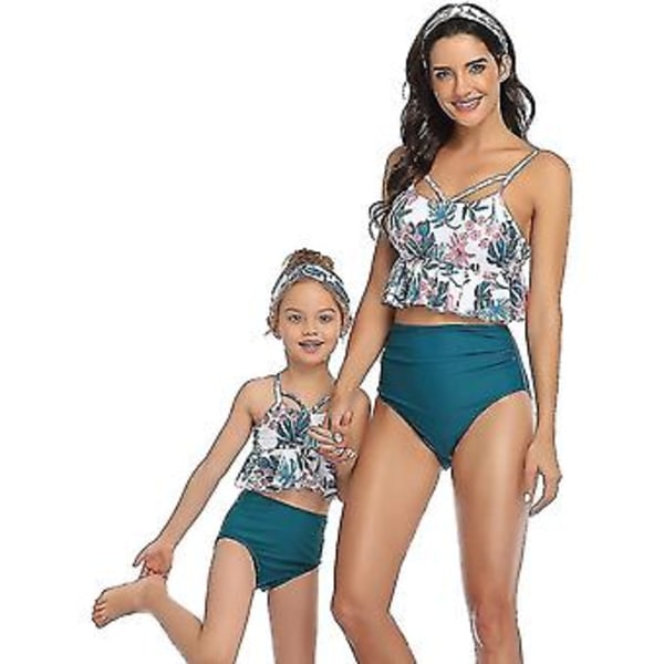 Flickbaddräkt Tvådelad Bikini Set Volang Falbala Badkläder Baddräkter-e( J2001 Blå)